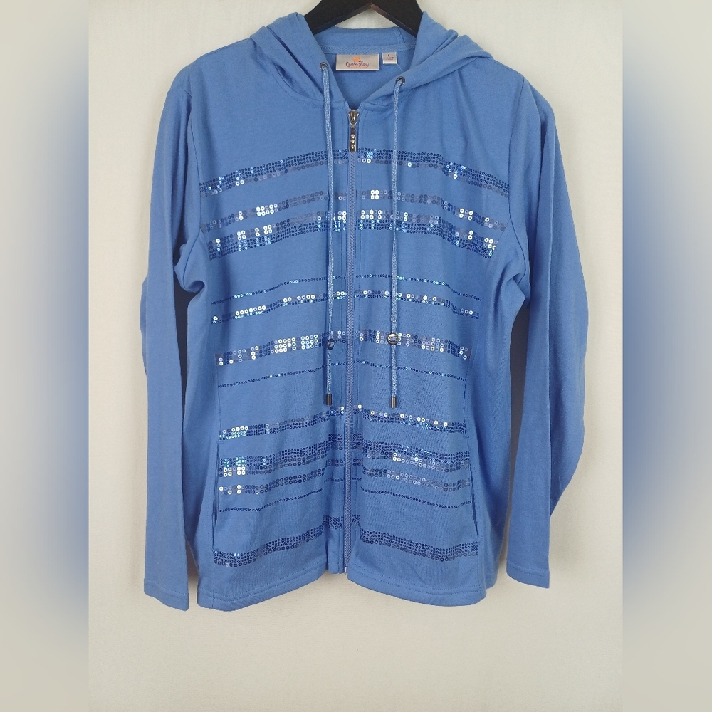Quacker Factory NWOT Long Sleeve Sequin Striped Large Jacket Hood A217048 Blue